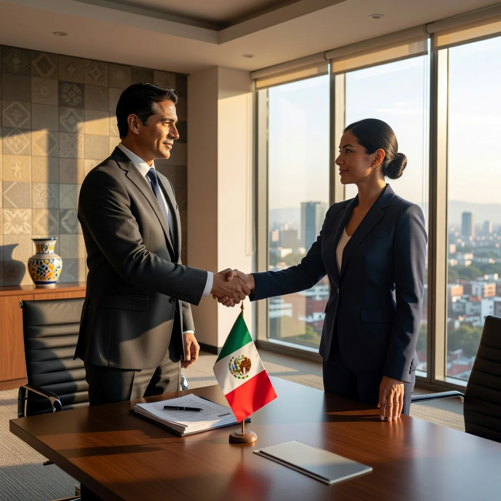A photorealistic image of two adult professionals in a modern Mexican office setting, shaking hands over a conference table with subtle elements like a Mexican flag in the background, symbolizing trust and security in a business guarantee agreement, no children present.