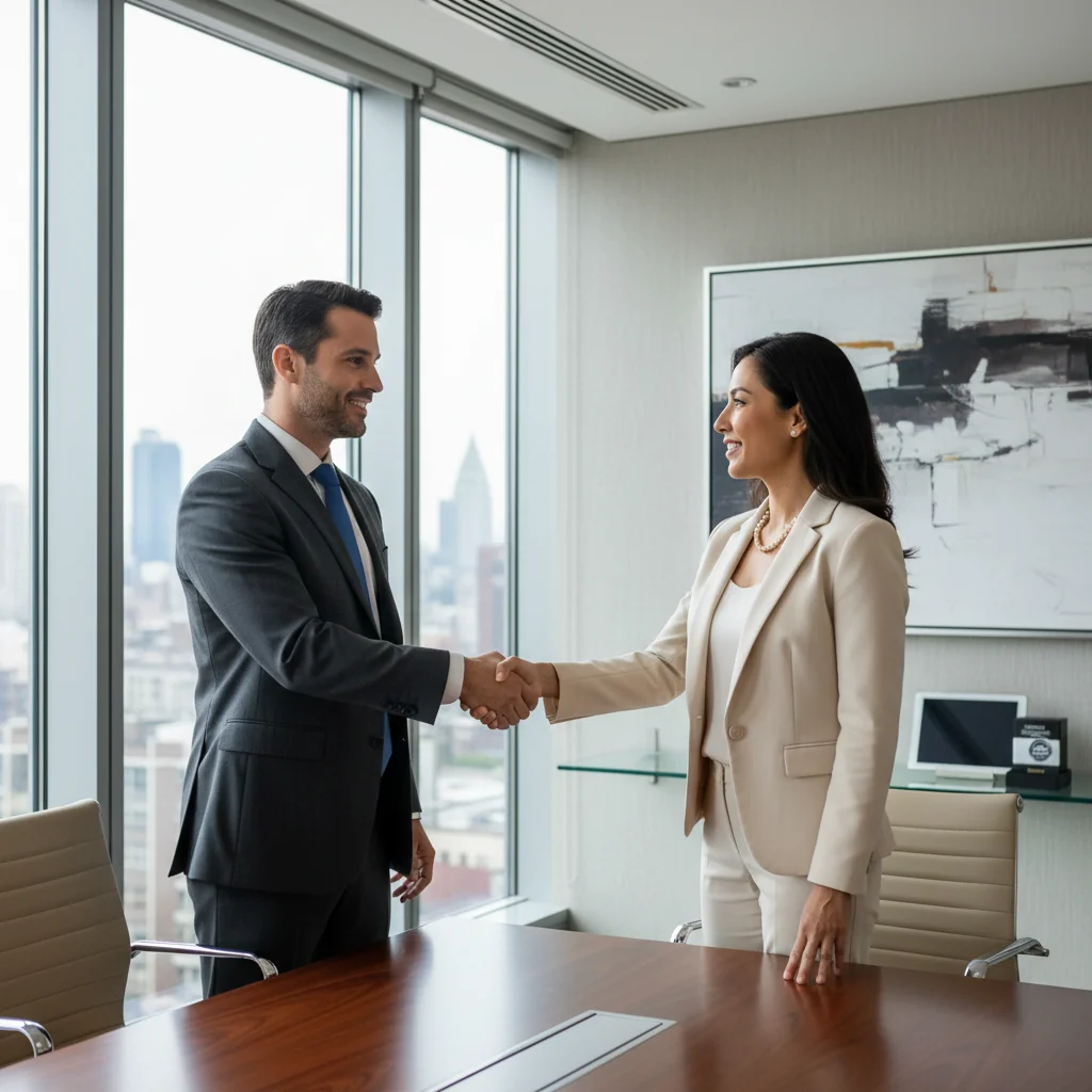 A photorealistic image of two professional adults, a business owner and a client, shaking hands in a modern office setting, symbolizing trust and security in a warranty agreement, with subtle background elements like a product display representing the guaranteed item.