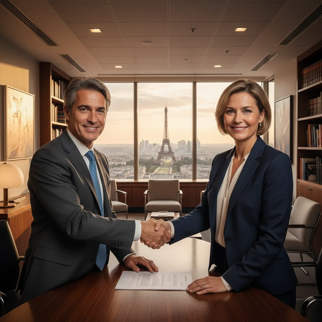 A photorealistic image of two adults shaking hands in a professional office setting, symbolizing a guarantee agreement or assurance in French law, with a subtle French flag or Eiffel Tower in the background to evoke a French context, conveying trust and security without showing any documents.