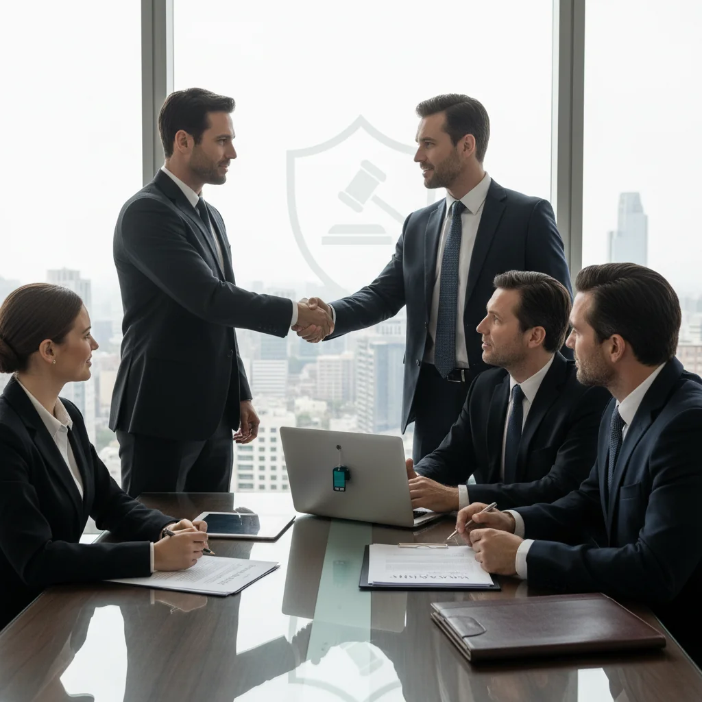 A photorealistic image of a professional business meeting where adults are discussing and shaking hands over a warranty agreement for a product, symbolizing trust and legal protection in a contract of guarantee. The scene is set in a modern office with diverse adults in business attire, no children present.