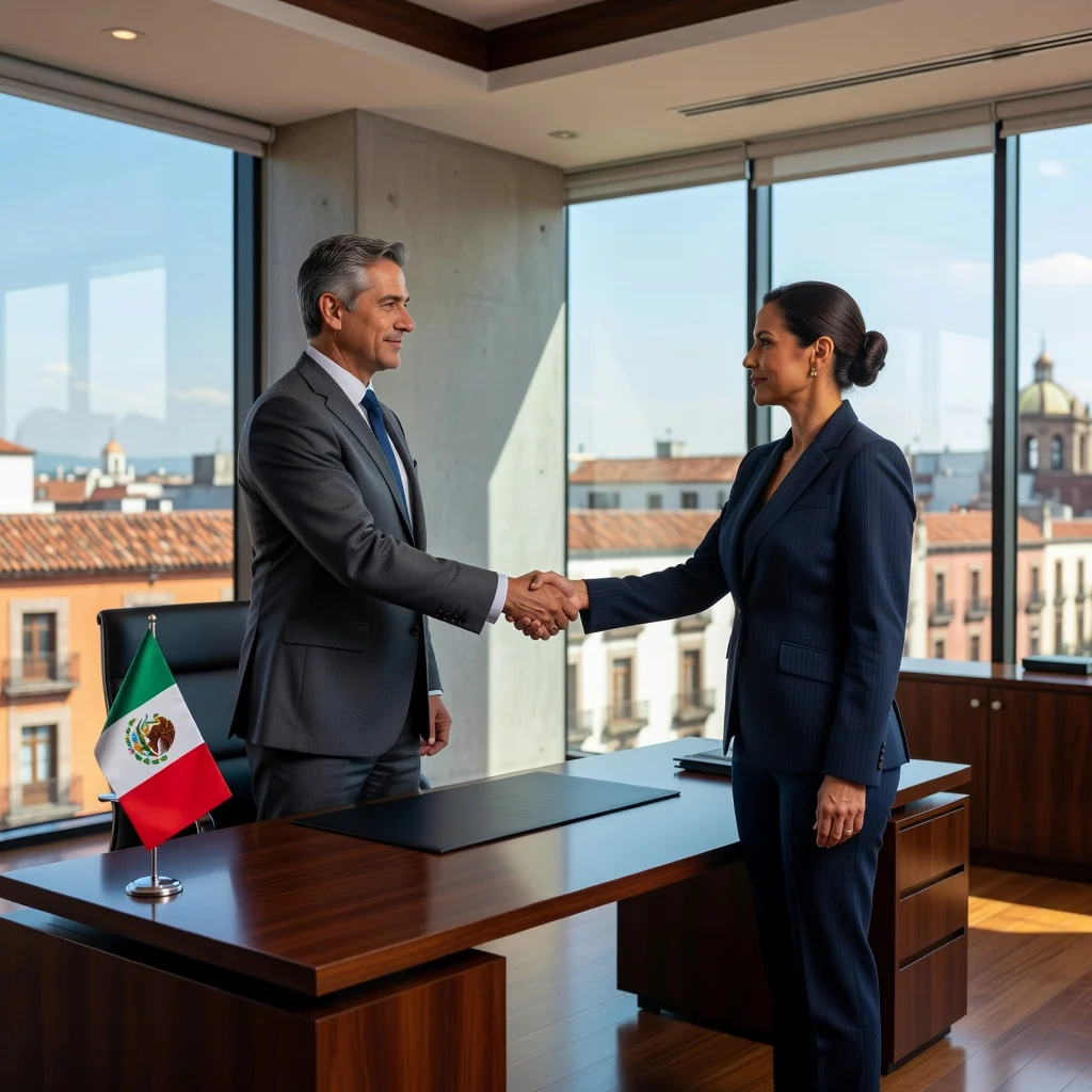 A photorealistic image of two professional adults in a modern Mexican office, shaking hands over a business deal, symbolizing trust and security in a warranty agreement, with subtle Mexican cultural elements like a flag or architecture in the background, no children present.