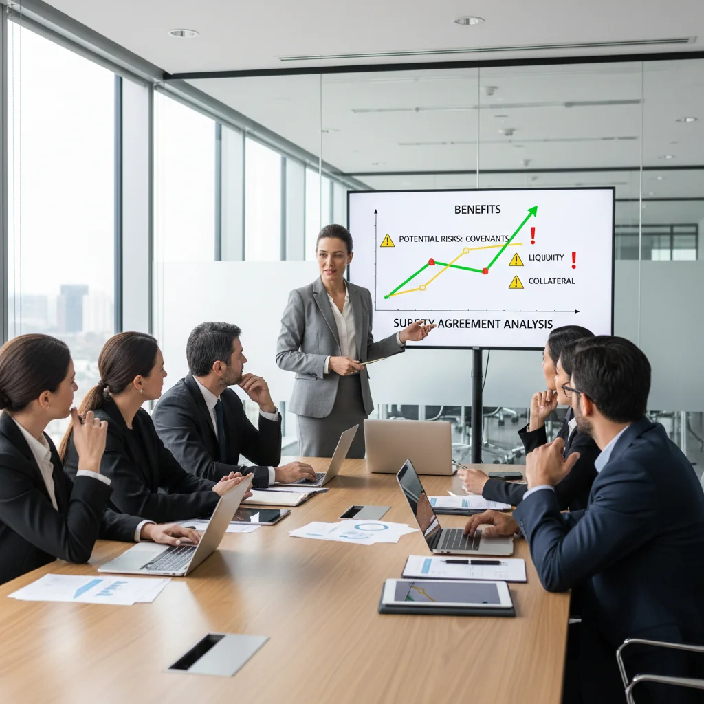 A photorealistic image of a diverse group of professional business people in a modern office setting, engaged in a strategic meeting around a conference table, discussing opportunities and challenges, symbolizing the benefits and risks of a surety contract for companies, with expressions of collaboration and caution, no children present, highly detailed and realistic.
