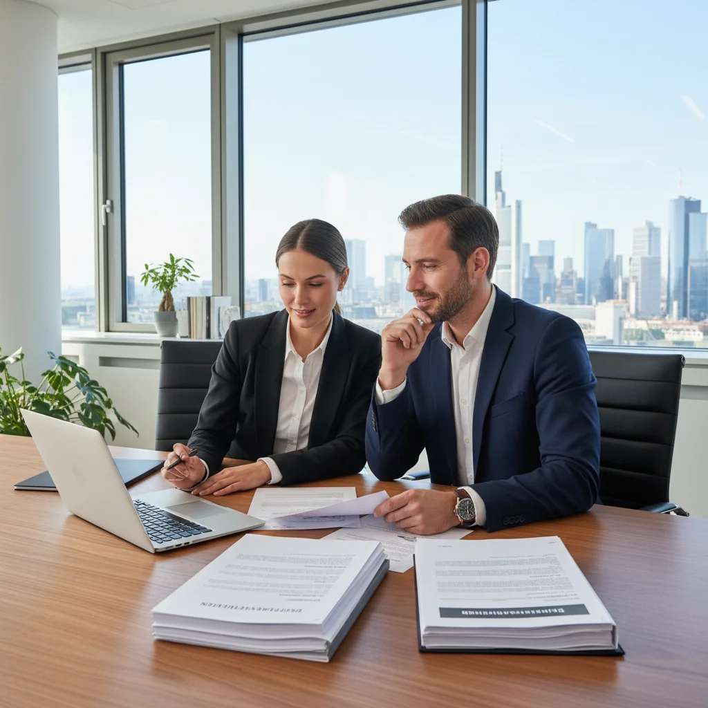 A professional business meeting in a modern German office, with adults discussing security arrangements over a table with documents, symbolizing the purpose of a security contract in Germany, photorealistic style, no children present.