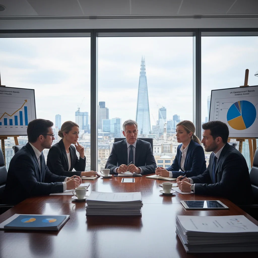 A photorealistic image of a professional business meeting in a modern UK office, with adults in suits discussing financial documents on a table, symbolizing investment and corporate finance related to debentures, no children present.