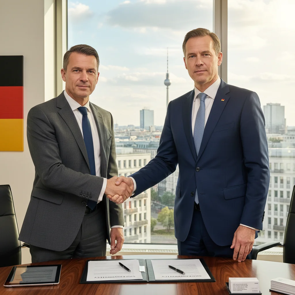 A professional scene in a German business setting representing security or collateral agreements, such as a confident businessperson shaking hands with a lawyer in a modern office overlooking Berlin skyline, symbolizing trust and legal protection in financial transactions, photorealistic style.