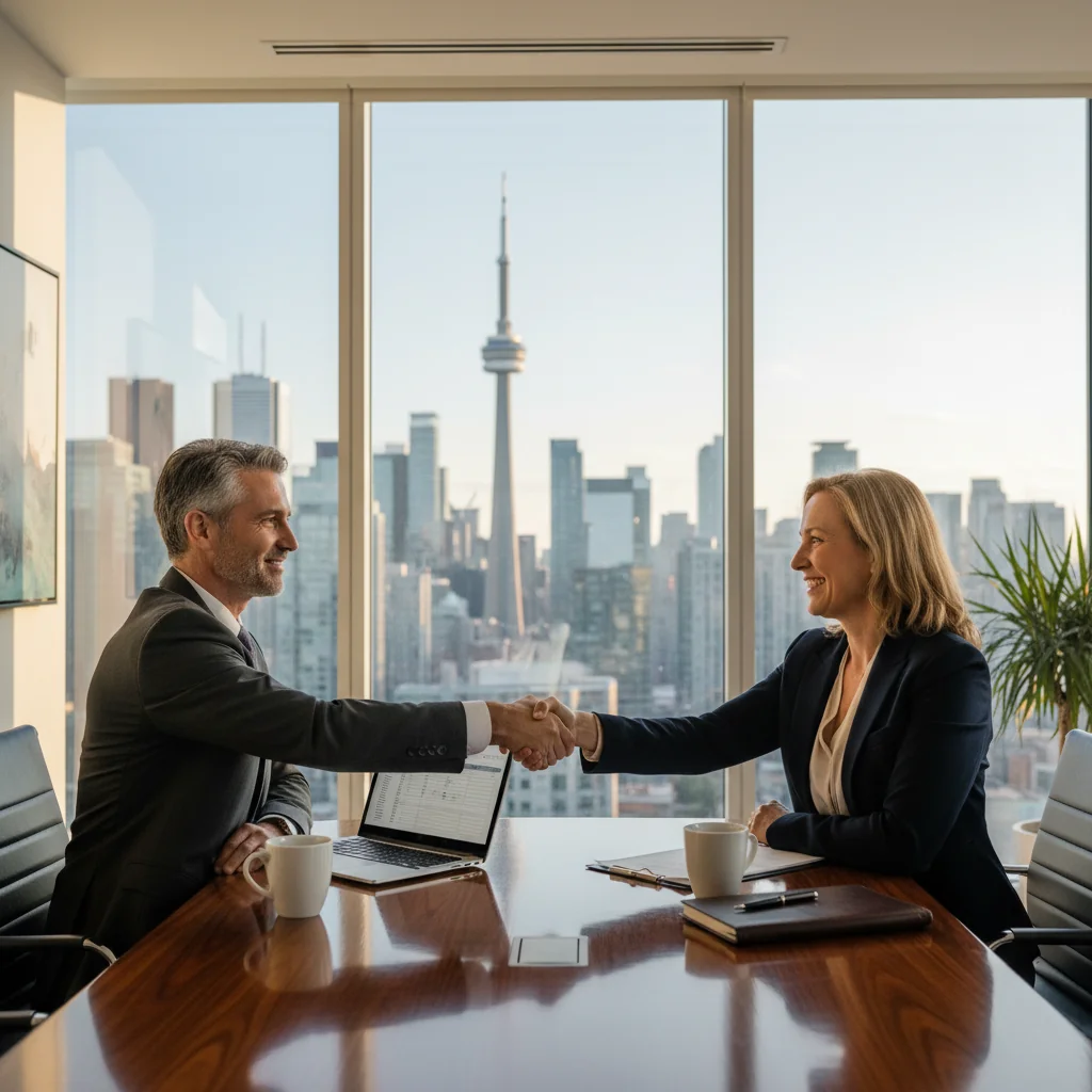 A photorealistic image of two adult business professionals in a modern Canadian office setting, shaking hands over a conference table with a city skyline view in the background, symbolizing a secure business agreement and partnership.