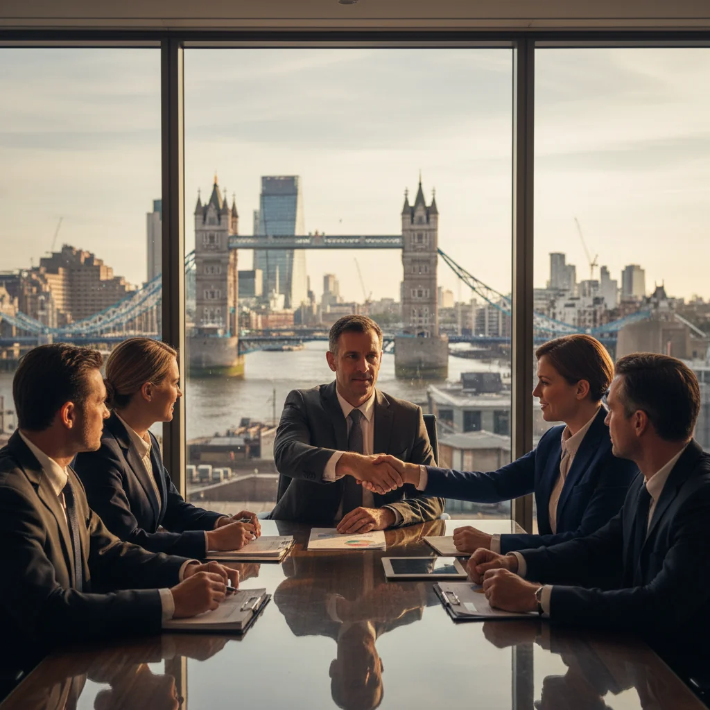 A photorealistic image of a professional business meeting in a modern UK office, where suited executives are shaking hands over a conference table with city skyline view, symbolizing financial agreements and debenture investments, no children present.