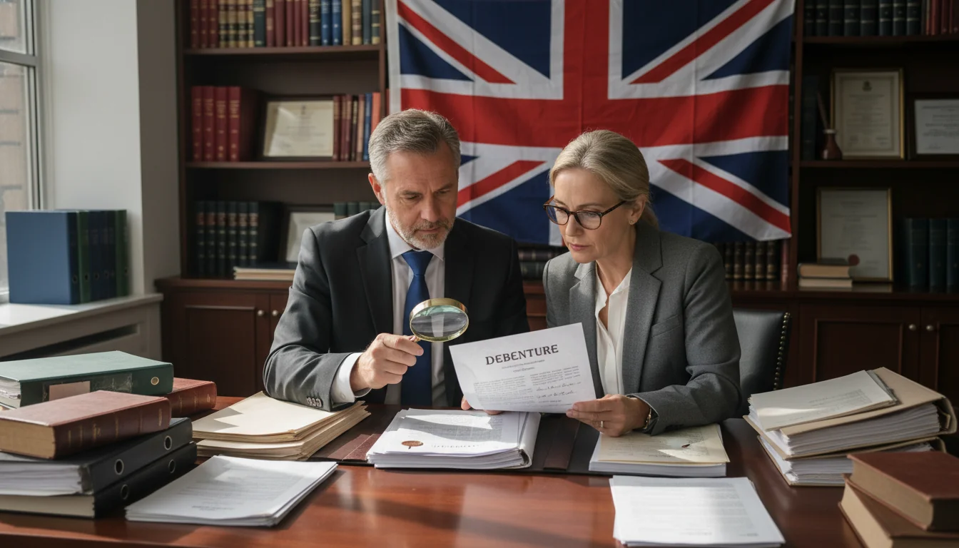 Legal professionals reviewing debenture contract.