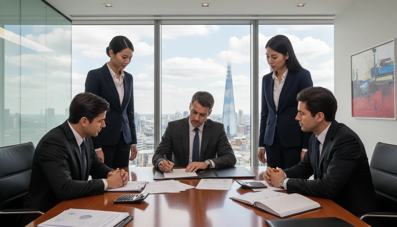 Signing a debenture agreement in boardroom.