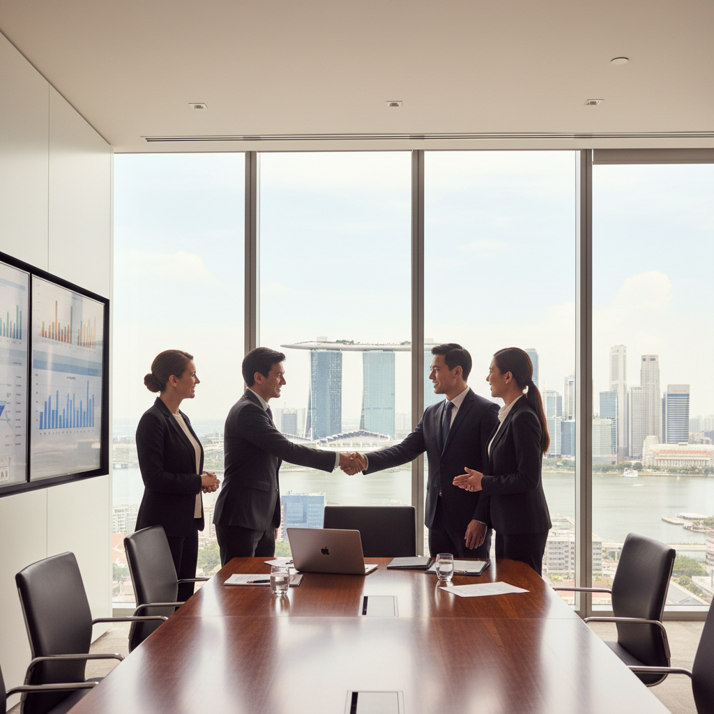 A professional scene in a modern Singapore office building, featuring a diverse group of adult business professionals in suits shaking hands over a conference table, symbolizing a secure business agreement. The background includes elements like the Singapore skyline through large windows, emphasizing trust and security in commercial dealings. No children are present. The image is photorealistic, capturing natural lighting and detailed textures.