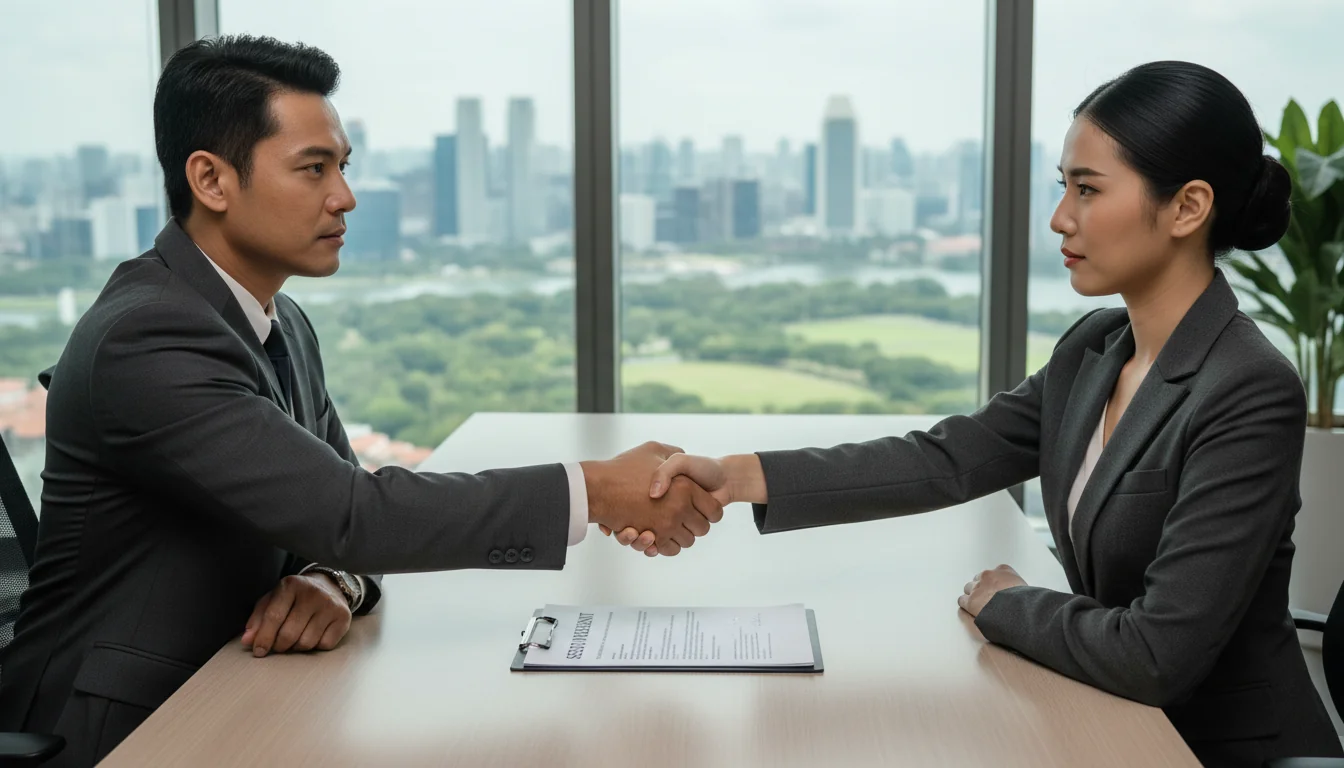 Business professionals signing agreement