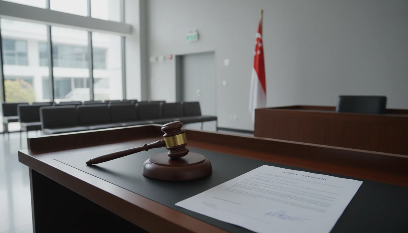Gavel and Singapore flag courthouse