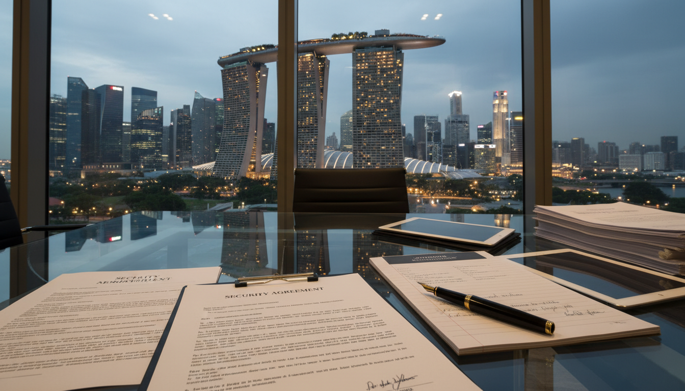 Singapore skyline with legal documents