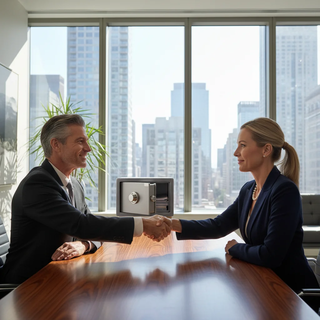 A photorealistic image of two professional adults in a modern office setting, shaking hands over a conference table to symbolize a secure business agreement, with subtle security elements like a locked safe in the background, conveying trust and protection in financial dealings.