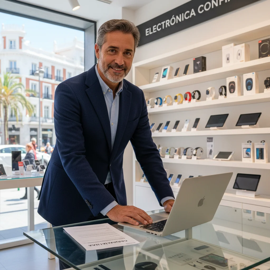 A photorealistic image representing the concept of legal warranty protection in Spain, showing a satisfied adult customer in a modern Spanish retail store, examining a high-quality electronic gadget with a sense of security and trust, surrounded by shelves of products, warm lighting, no documents visible, no children present.