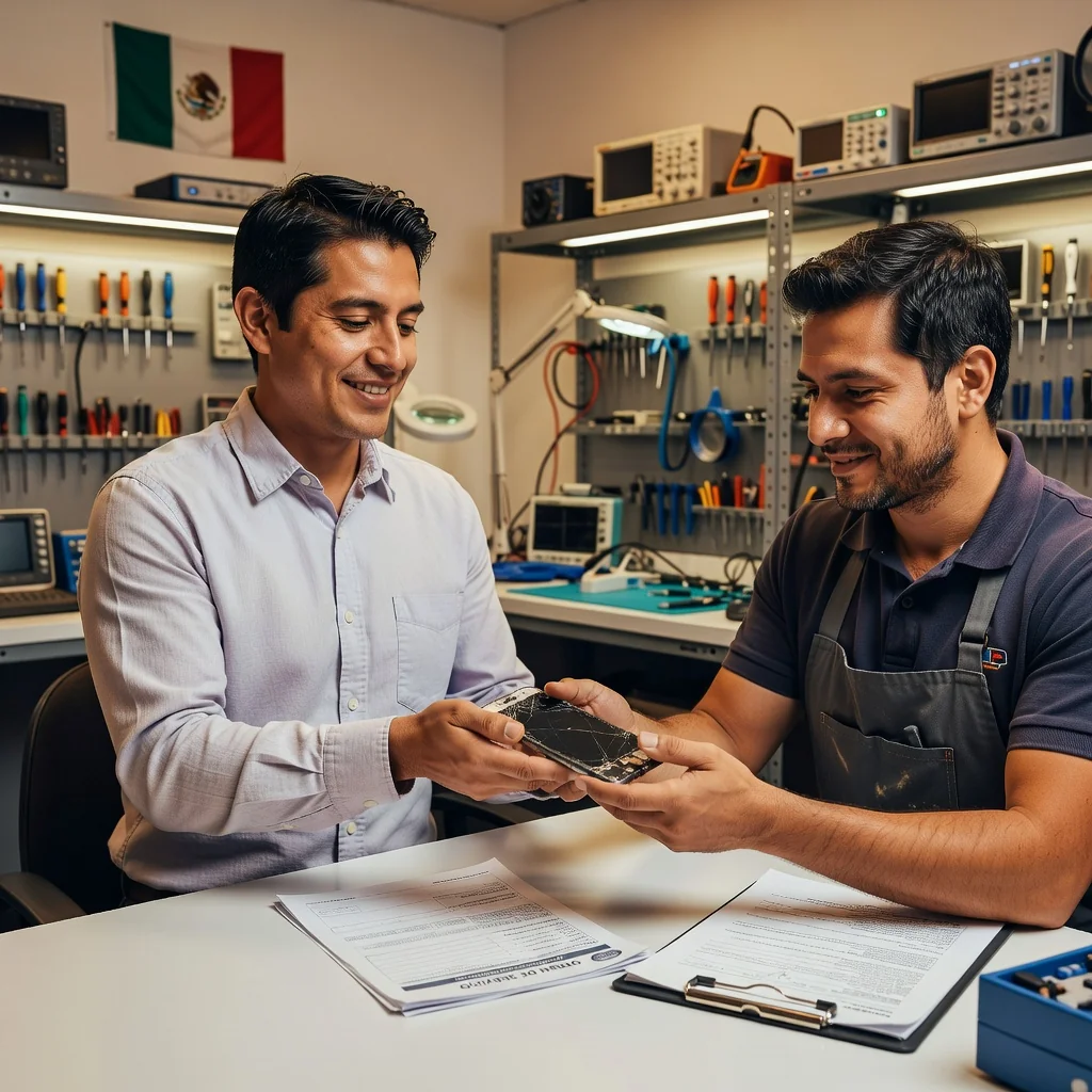 A photorealistic image representing the purpose of a legal guarantee contract in Mexico, showing a satisfied adult customer receiving a product repair service in a modern workshop, with a Mexican flag subtly in the background to indicate location, emphasizing security and reliability in consumer protection.