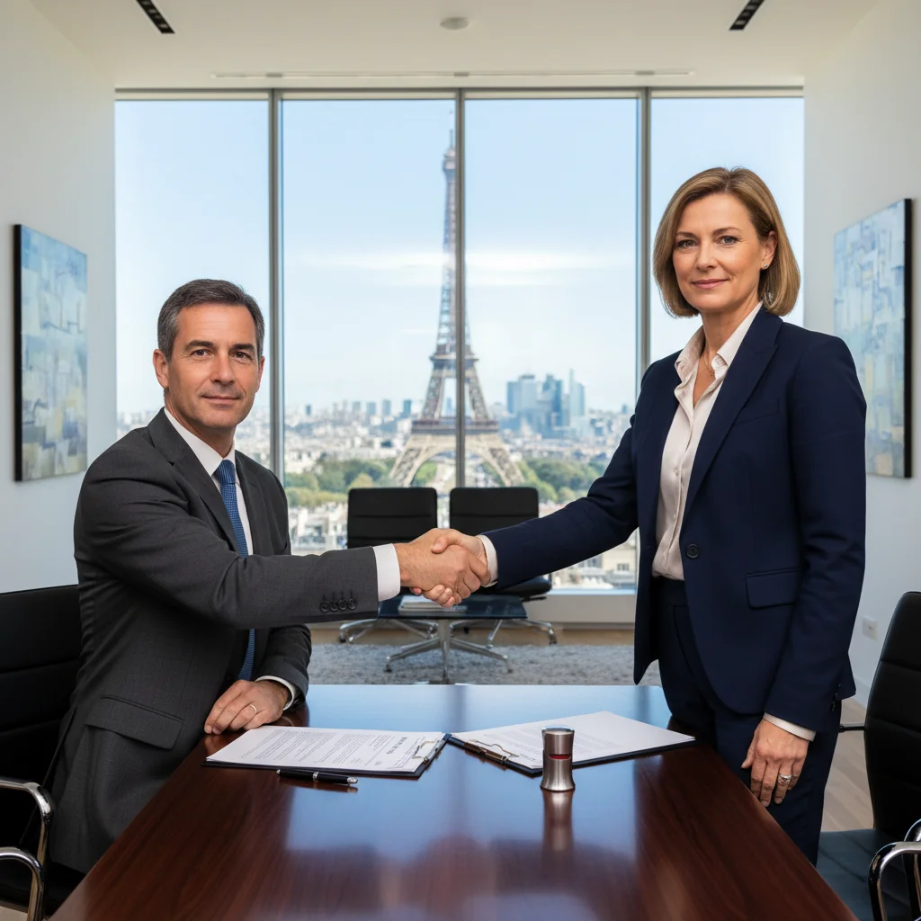 A photorealistic image of two adults in a professional setting in France, shaking hands over a table with subtle French architectural elements in the background, symbolizing a legal guarantee agreement without showing any documents.