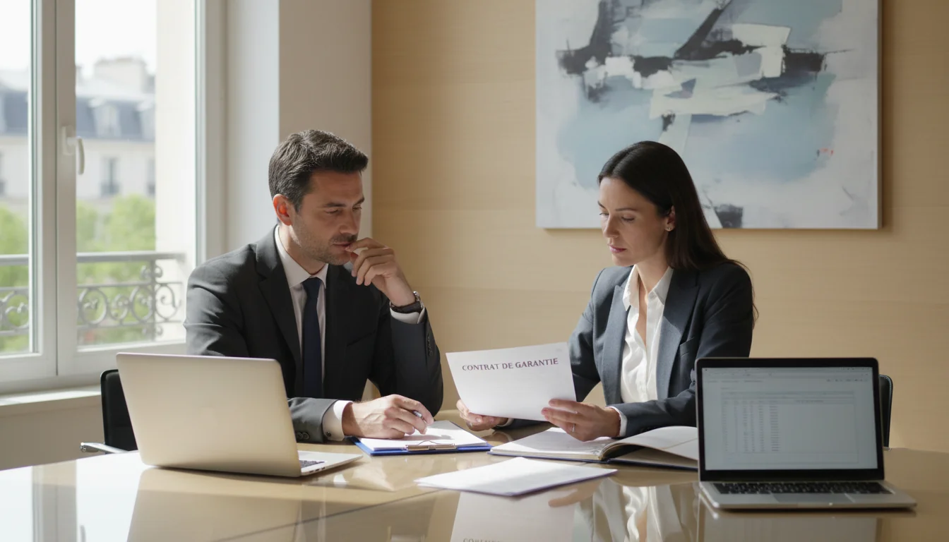 Business professionals reviewing guarantee contract