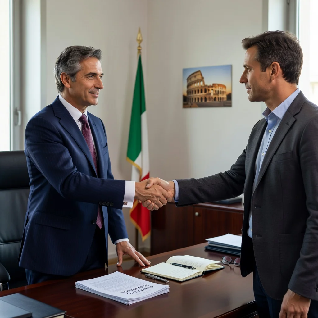 A photorealistic image of a professional business meeting in an Italian office setting, where a lawyer and a client are shaking hands over a guarantee agreement, symbolizing trust and security in financial assurances, with Italian landmarks visible through the window in the background. No children are present.