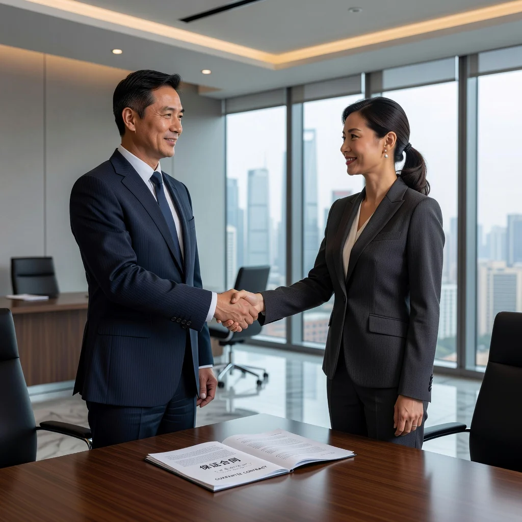 A professional business meeting in a modern Chinese office, where two adults are shaking hands over a table, symbolizing a guarantee agreement in a legal contract context, with Chinese cultural elements like a city skyline view in the background.
