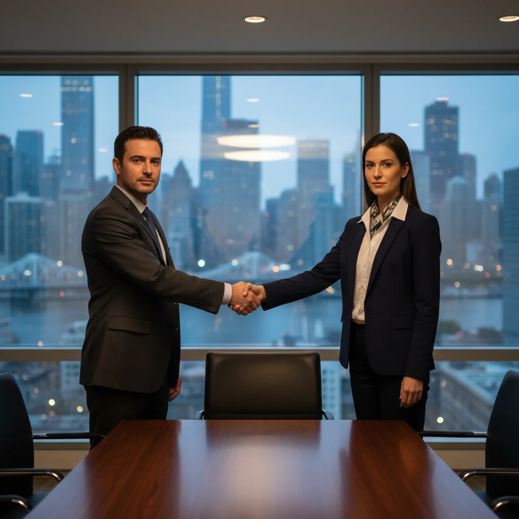 A photorealistic image depicting a professional business handshake between two adults in a modern office setting, symbolizing trust, agreement, and financial support as represented by a guarantee or surety bond, without any legal documents visible.