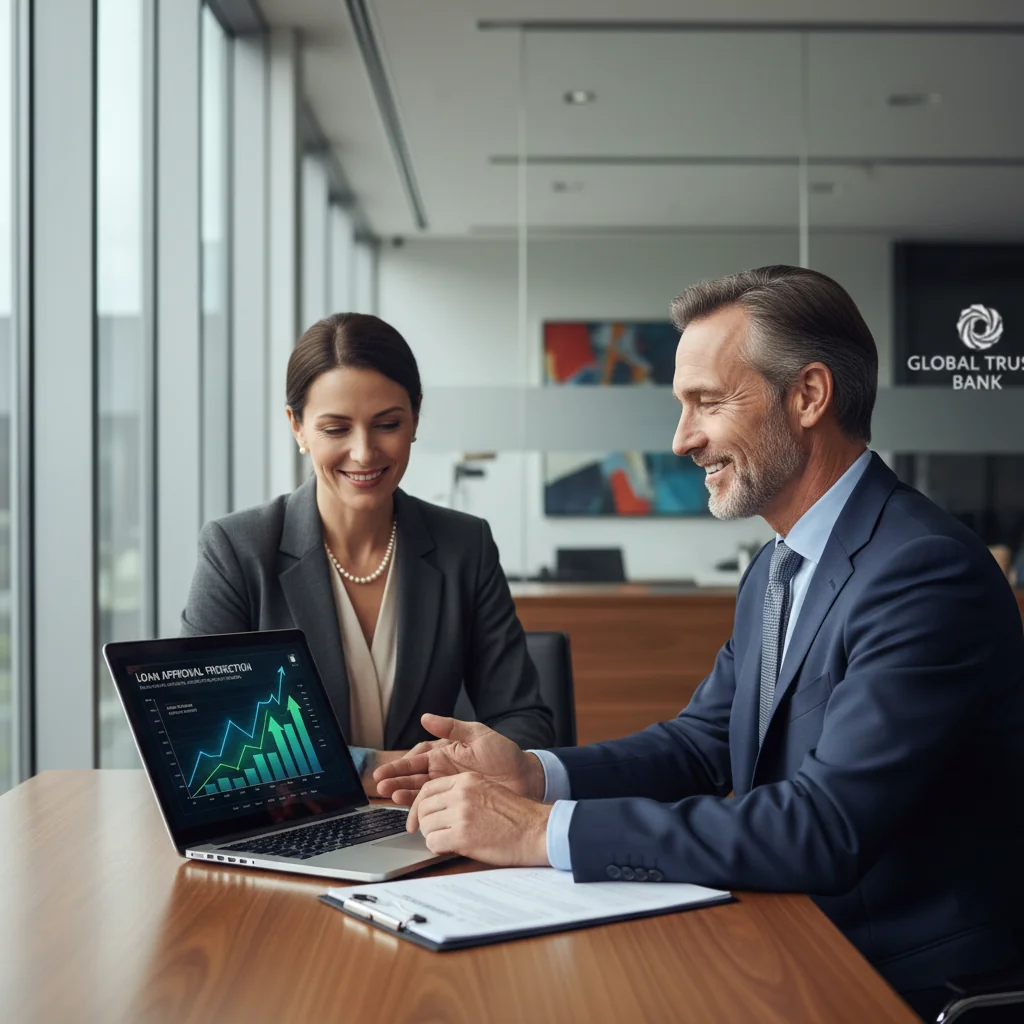 A photorealistic image of a confident adult professional in a modern office setting, reviewing financial documents on a laptop while shaking hands with a banker across a desk, symbolizing the process of obtaining a personal guarantee for a bank loan, with subtle banking elements like a loan approval stamp in the background, no children present.