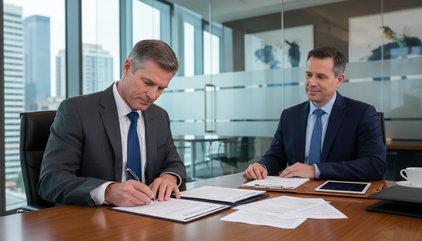 Adult signing loan contract with banker