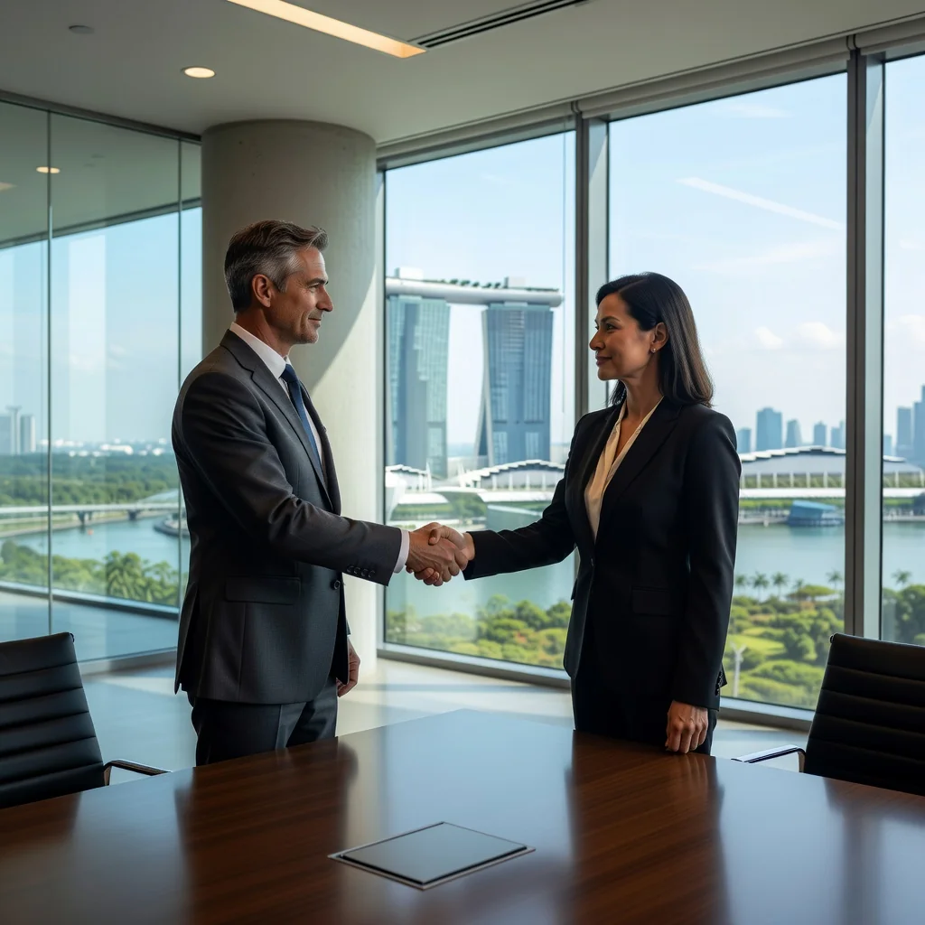 A professional business meeting in a modern Singapore office, with two adults shaking hands over a conference table, symbolizing a secure personal guarantee agreement, overlooking the city skyline including Marina Bay Sands, photorealistic style, no children present.