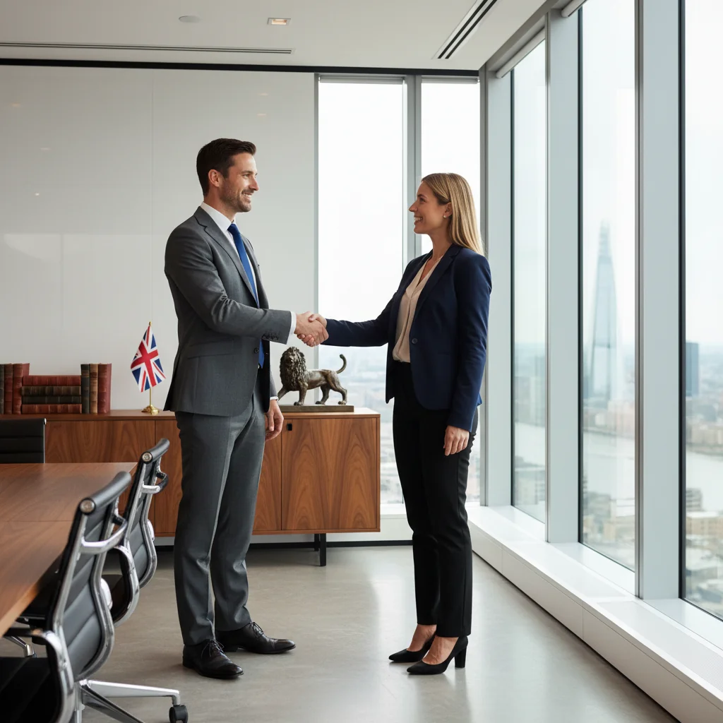 A photorealistic image of a professional business meeting in a modern UK office, where a confident entrepreneur is shaking hands with a banker across a desk, symbolizing trust and commitment in business agreements, with subtle UK elements like a Union Jack flag in the background, no legal documents visible, adults only, no children.