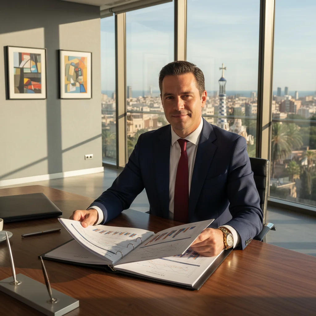 A photorealistic image representing the concept of obtaining a personal endorsement or guarantee in Spain, showing a confident adult professional in a modern Spanish office setting, perhaps shaking hands with a business partner or reviewing financial documents on a desk with subtle Spanish elements like a flag or architecture in the background, evoking trust and security in personal financial matters.