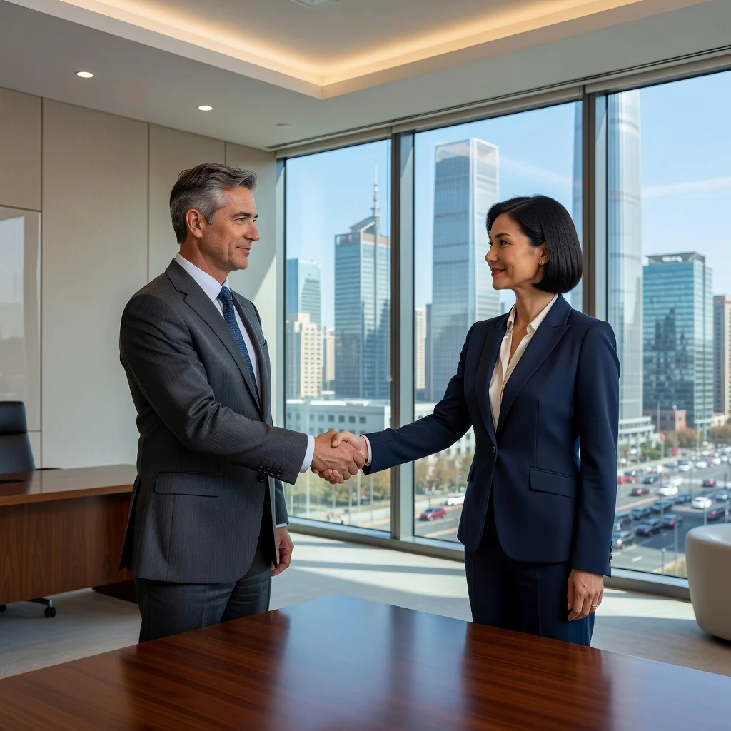 A photorealistic image of two adult professionals in a modern Chinese office, shaking hands over a desk with a city skyline in the background, symbolizing trust and personal guarantee in a business agreement.