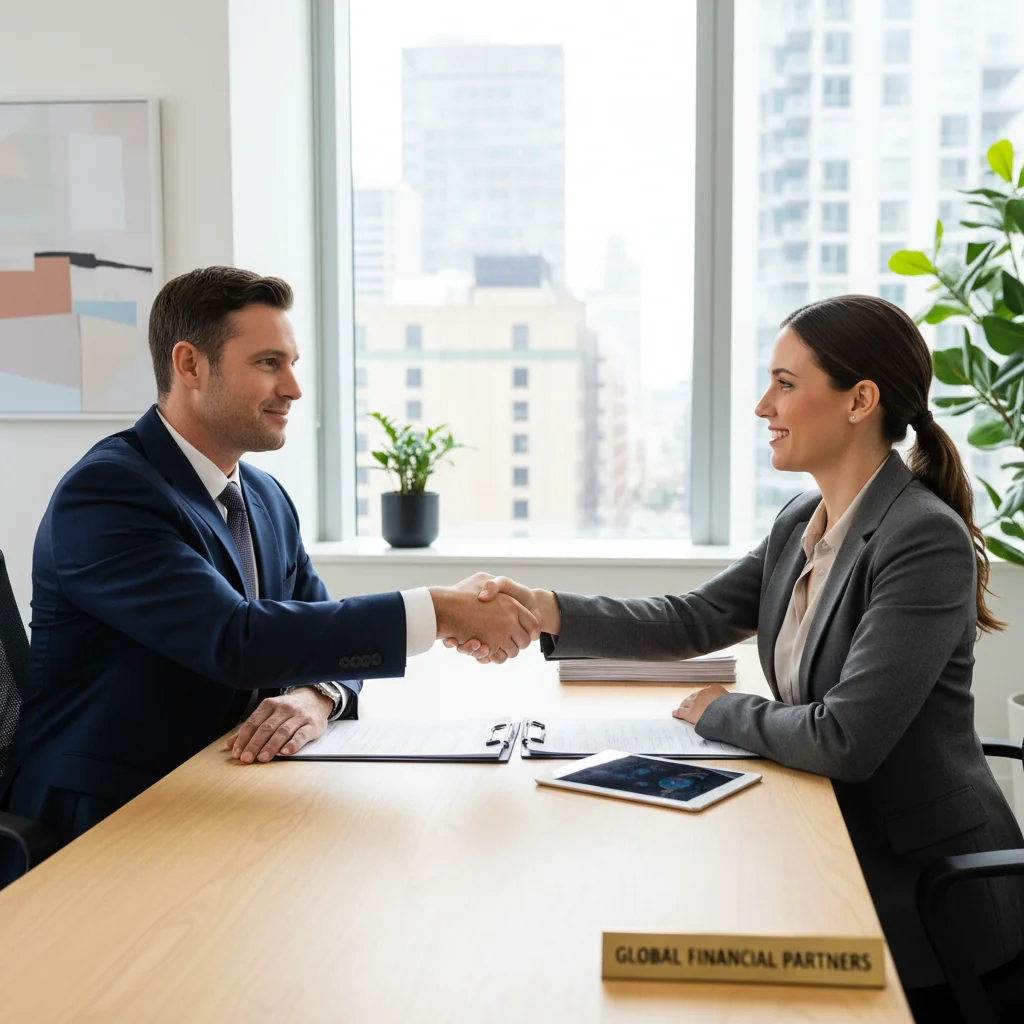 A photorealistic image of a confident adult professional shaking hands with a business partner across a desk in a modern office, symbolizing trust and personal guarantee in a financial agreement, with subtle background elements like a contract outline but no visible text or documents.