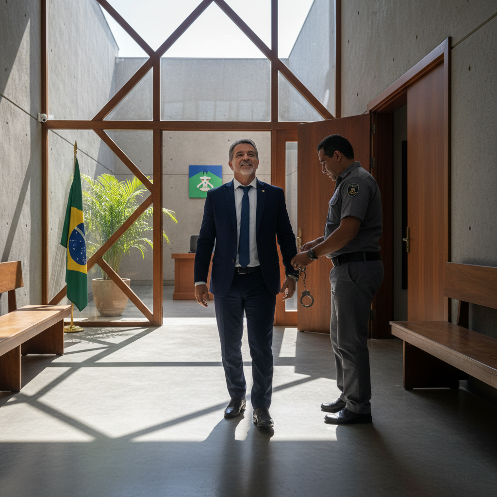 A photorealistic image representing the concept of bail in Brazilian law, showing a relieved adult defendant being released from a modern courtroom in Brazil, with a Brazilian flag in the background, symbolizing freedom and justice without depicting any legal documents.