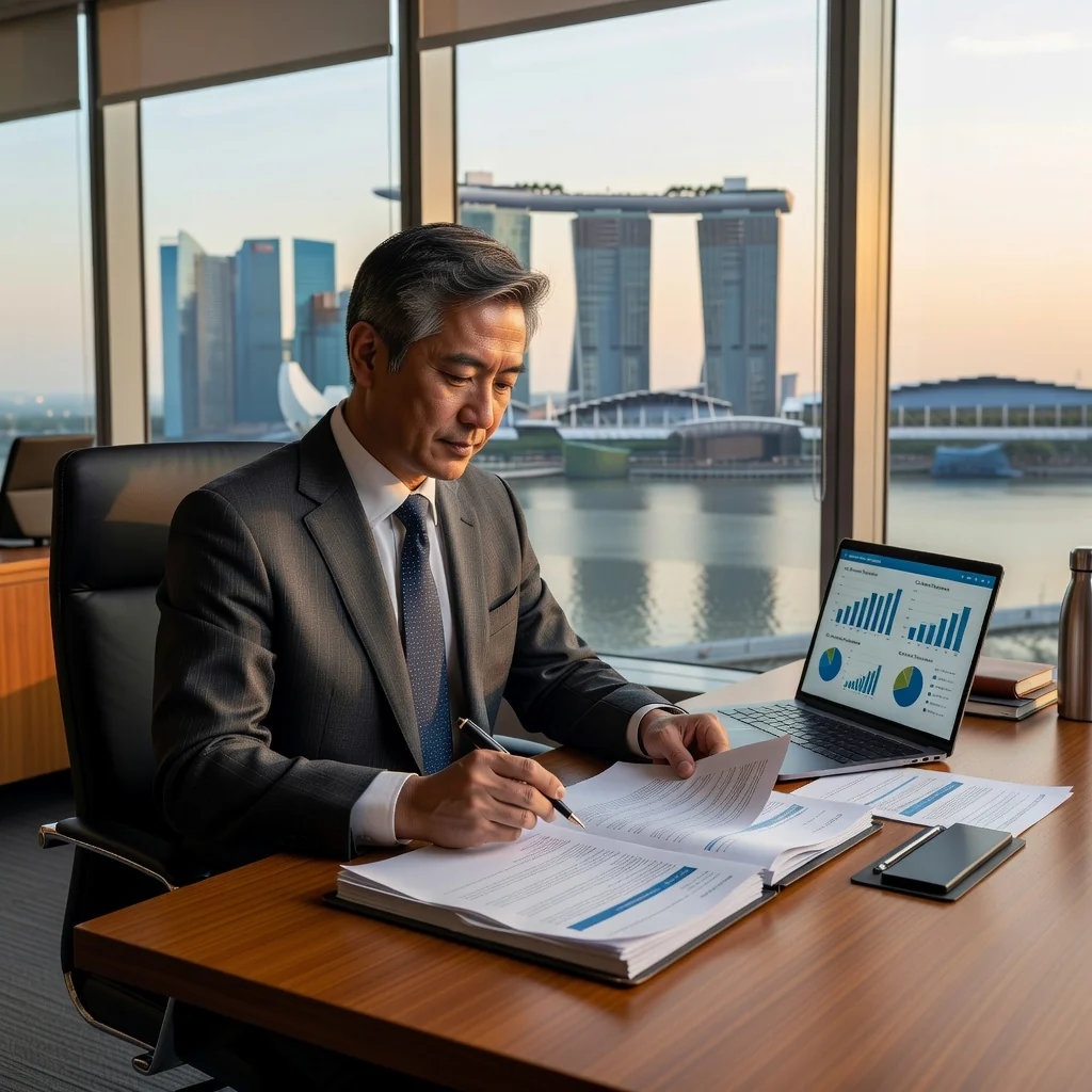 A photorealistic image of a confident adult business professional in a modern Singapore office setting, reviewing financial documents on a desk with the city skyline visible through the window, symbolizing personal commitment in business agreements. No children present.