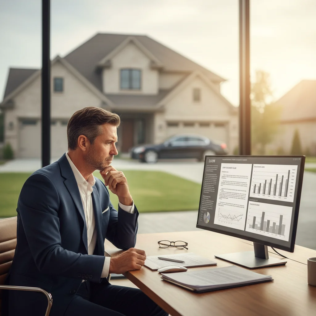 A photorealistic image of an adult borrower in a professional setting, thoughtfully reviewing financial options on a laptop, with subtle elements like a home or car in the background symbolizing the loan purpose, conveying a balance of security and caution in personal guarantees for loans.