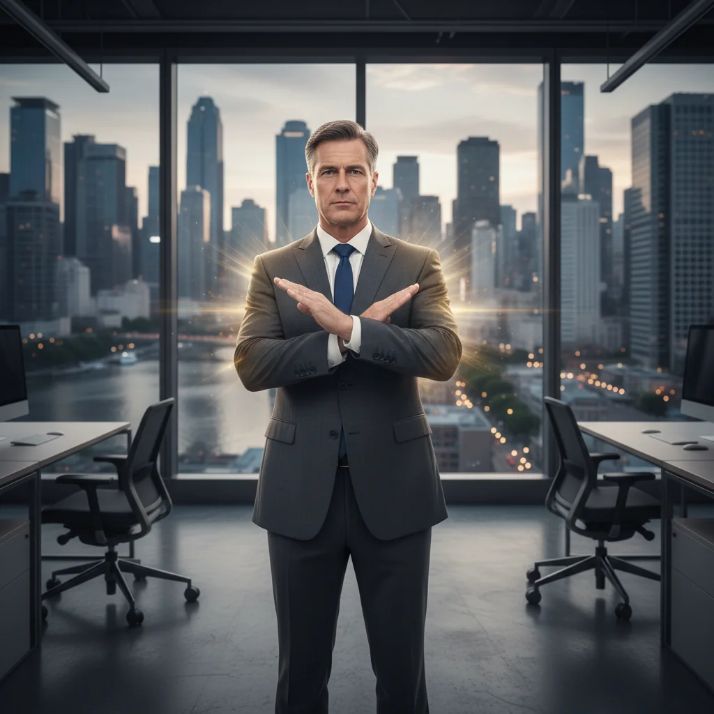 A photorealistic image of an adult professional standing confidently in a modern office setting, shielding themselves with a symbolic protective barrier, representing personal security and protection through a guarantee agreement. No children or legal documents visible.