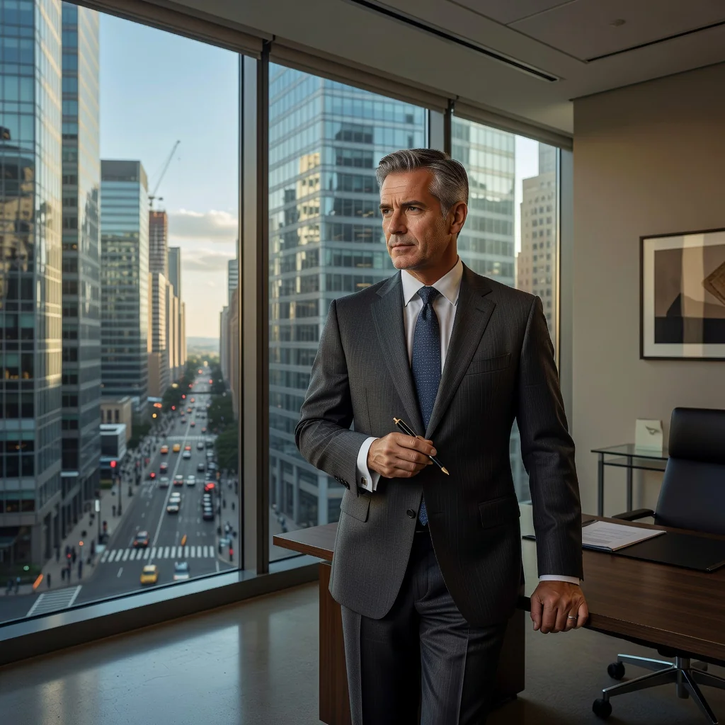 A photorealistic image of a determined adult business professional in a modern office, standing at a window overlooking a city skyline, holding a pen thoughtfully as if weighing a major financial decision, symbolizing the risks and benefits of personal guarantees in business loans. The scene conveys tension and opportunity without showing any documents.