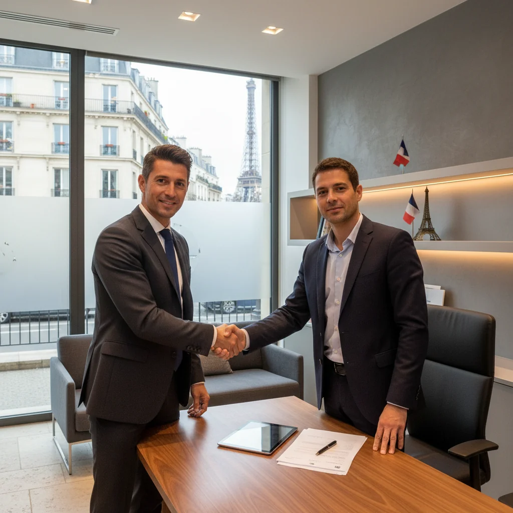 A photorealistic image of an adult French citizen in a professional setting, confidently shaking hands with a banker or advisor in a modern bank office in France, symbolizing the assurance and personal commitment of a personal guarantee, with subtle French elements like a flag or Eiffel Tower in the background, no children present, highly detailed and realistic.