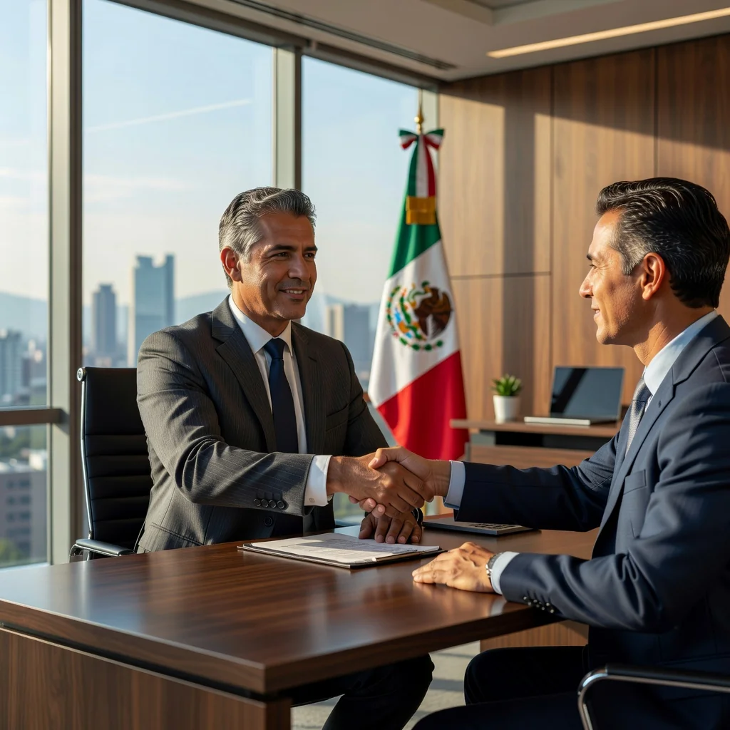 A photorealistic image representing the concept of obtaining personal endorsement or aval in Mexico, showing a confident adult professional in a modern office setting, shaking hands with a business partner across a desk, symbolizing trust and financial agreement, with subtle Mexican cultural elements like a flag or cityscape in the background, no children present.