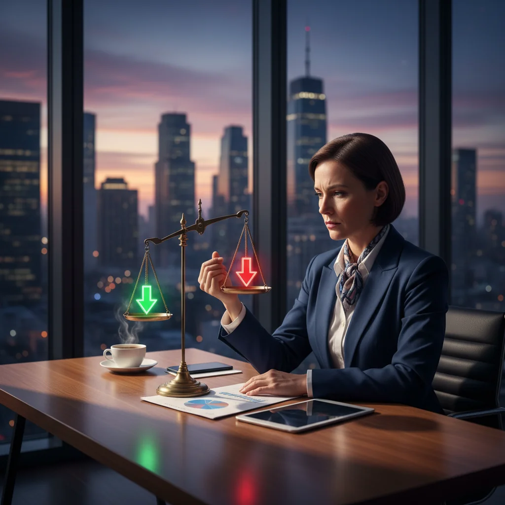 A photorealistic image depicting an adult business professional in a modern office setting, thoughtfully weighing decisions with a balanced scale on their desk symbolizing pros and cons, looking determined yet contemplative, representing the risks and benefits of personal guarantees without showing any legal documents.