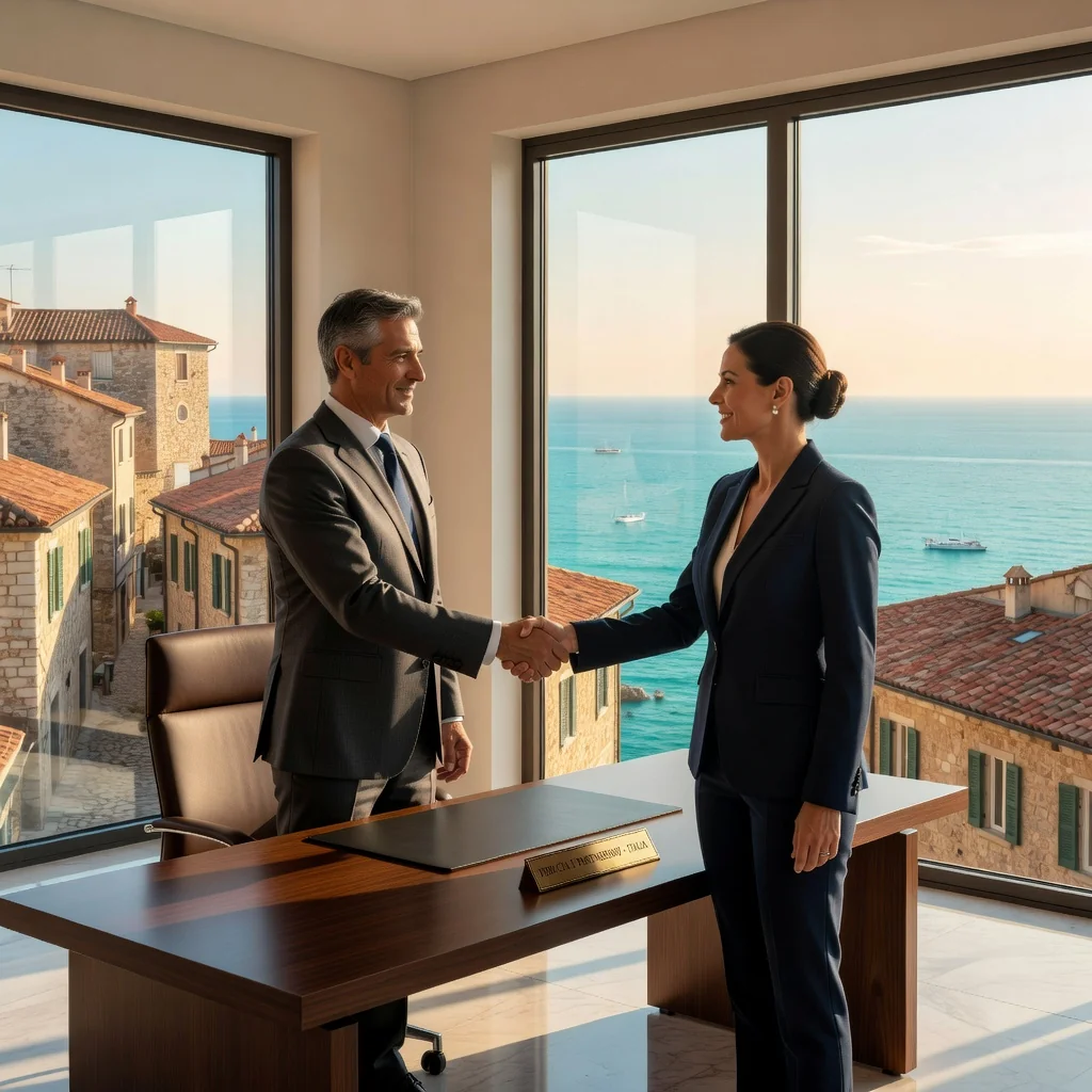 A photorealistic image representing trust and financial security in the context of Italian guarantees, showing two professional adults shaking hands in a modern Italian office with subtle Italian landmarks in the background, conveying reliability and partnership without depicting any legal documents.