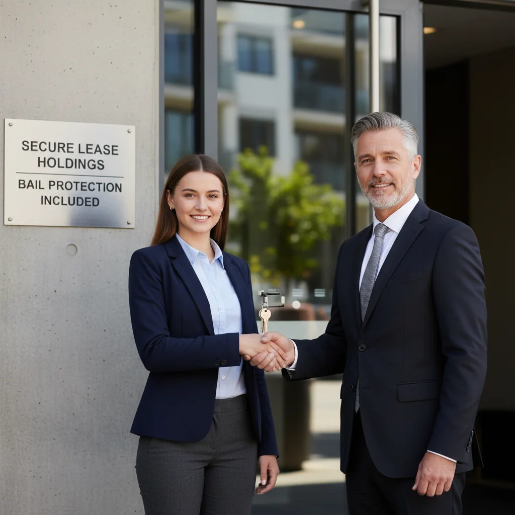 A photorealistic image representing the security and stability provided by a bail or guarantee in rental contracts, showing a confident adult tenant receiving keys to a modern apartment from a professional landlord, with the building entrance in the background, symbolizing the trust and protection in the rental agreement.
