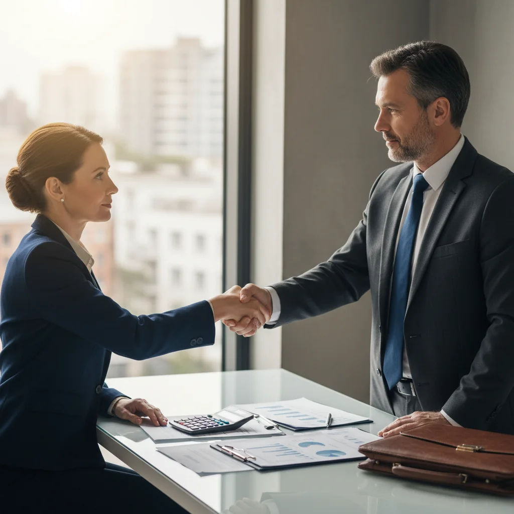 A photorealistic image depicting a professional business meeting where a middle-aged adult man and woman are shaking hands across a desk, symbolizing trust and agreement in a financial guarantee or surety bond, with subtle office elements like a briefcase and financial charts in the background, conveying both benefits and potential risks through confident yet cautious expressions.