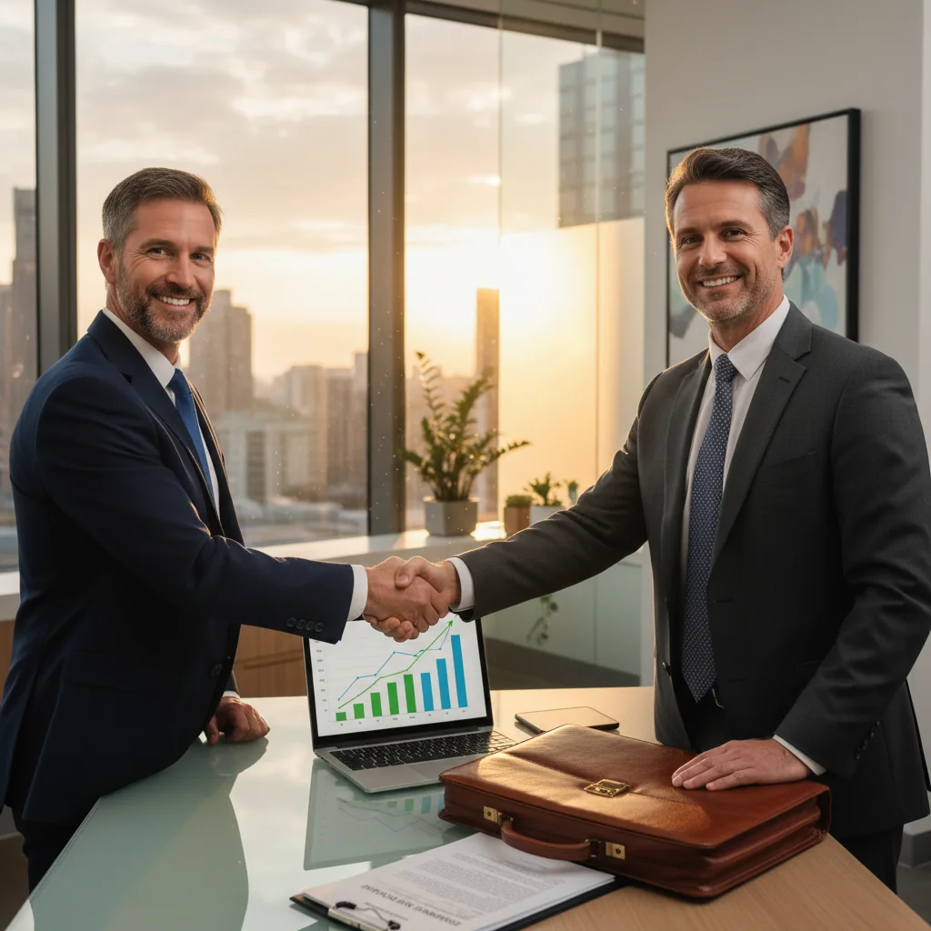 A photorealistic image representing the benefits of personal guarantees in bank loans, showing a confident adult professional shaking hands with a banker in a modern bank office, symbolizing trust, financial security, and successful loan approval, with subtle background elements like a briefcase and financial charts, no children present.