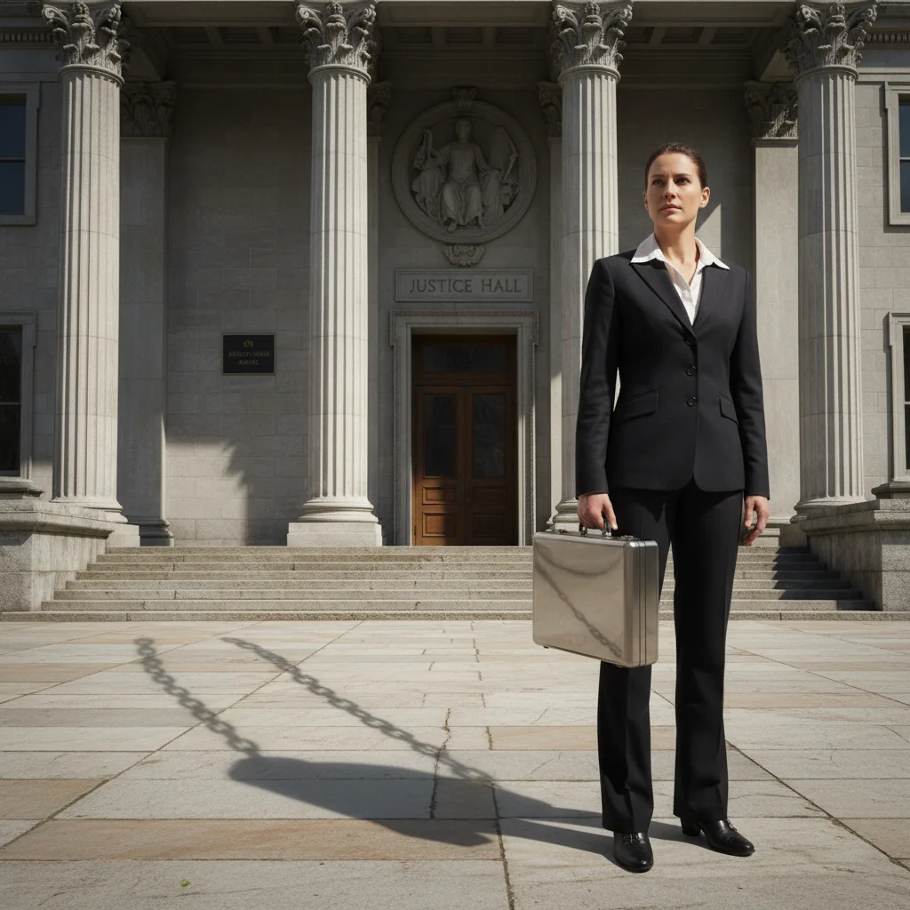A photorealistic image symbolizing the advantages and risks of bail as a guarantee in legal contexts, featuring an adult person standing thoughtfully in front of a modern courthouse building, with one hand on a briefcase representing security and the other side showing a subtle shadow or chain to imply risk, no children present, emphasizing balance between freedom and caution.