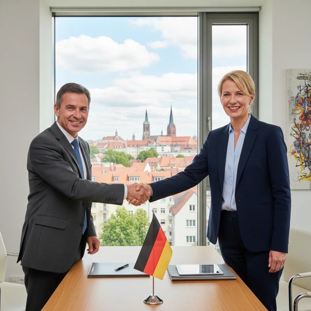 A photorealistic image depicting two adults shaking hands in a professional setting, symbolizing a guarantee or surety agreement in Germany, with a subtle German flag in the background to indicate location. The scene conveys trust and partnership without showing any legal documents.