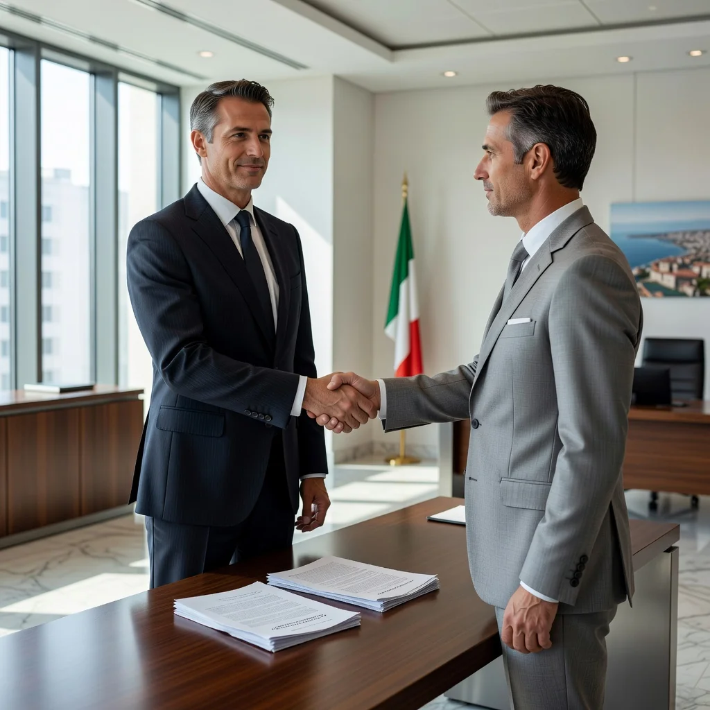 A professional businessperson in a modern Italian office setting, shaking hands with a banker across a desk, symbolizing the successful obtaining of a bank guarantee for business purposes, with subtle Italian landmarks visible through the window like the Colosseum in the background, conveying trust and financial security.