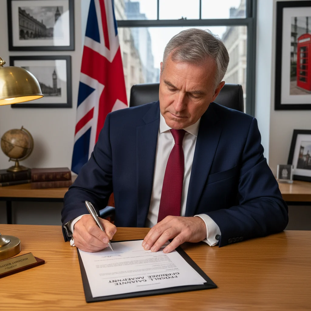 A photorealistic image of a professional adult signing a personal guarantee agreement in a modern UK office setting, symbolizing trust and commitment in business, with no children present.