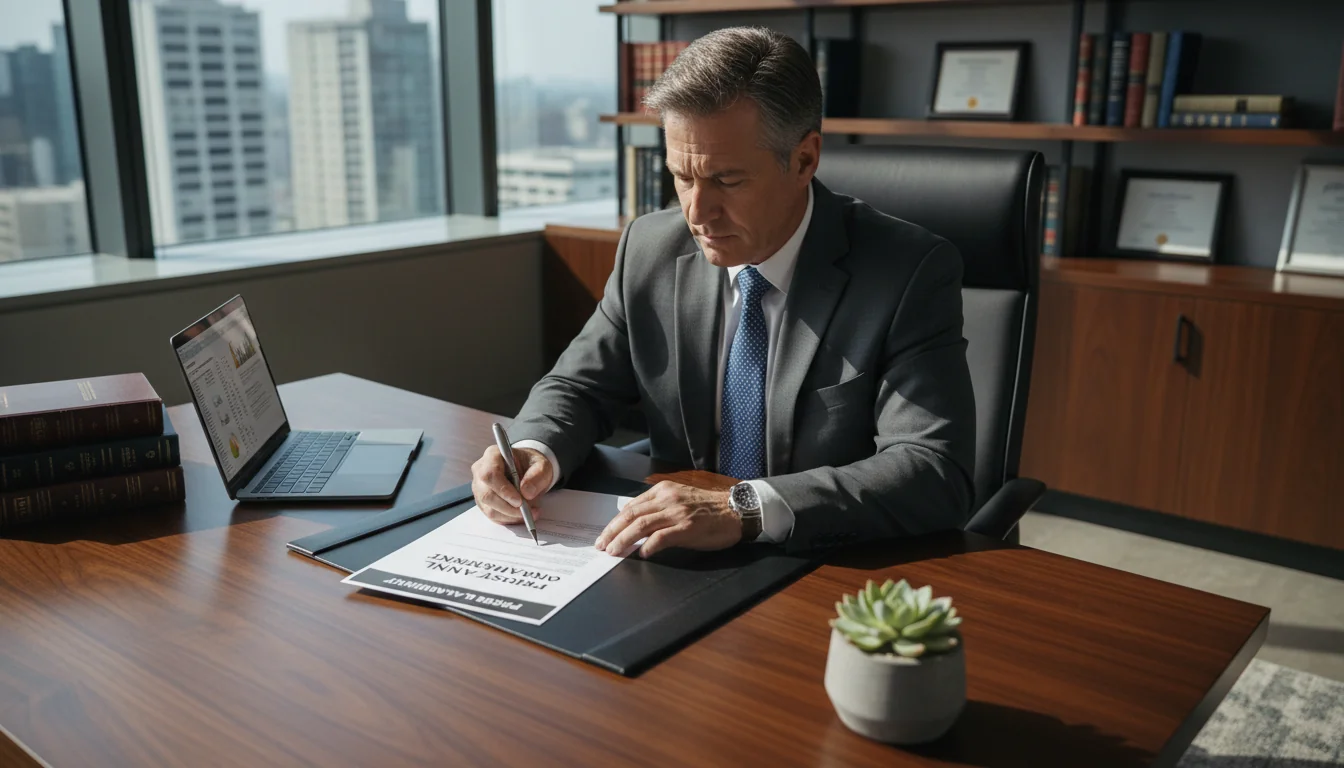 Businessman signing legal document