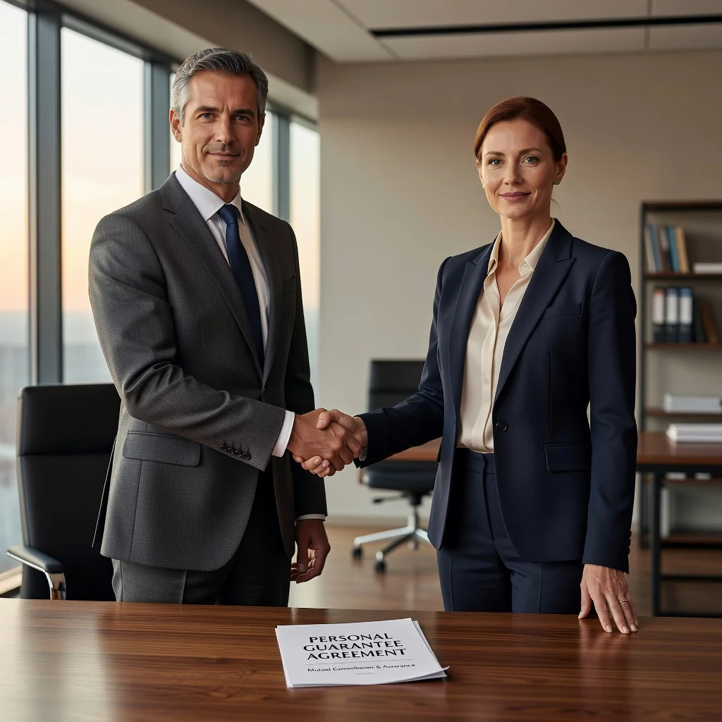 A photorealistic image representing trust and personal commitment in a guarantee, showing two adults shaking hands firmly across a desk in a professional office setting, with subtle elements like a contract in the background but not the focus, conveying reliability and partnership without any legal documents prominently displayed.